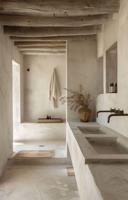 Beige Bathroom Tile Ideas, Earth Tone Bathroom, Wabi Sabi Bathroom, Earthy Bathroom, Mediterranean Interior, Concrete Bathroom, Aesthetic Bathroom, Beige Bathroom, Bathroom Inspiration Decor