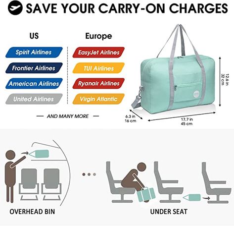 SAVE YOUR CARRY ON CHARGES - Measures 17.7 x 12.6 x 6.3 inch, perfect fit personal item size 18 x 14 x 8 inch of Spirit Airlines & Frontier Airlines. It can be placed under seat to save your overweight charges. Spirit Airlines Personal Item Bags, Adele Vegas, Spirit Airlines Personal Item, Personal Item Bag, Luggage For Women, Frontier Airlines, Travel Attire, Spirit Airlines, Travel Duffel Bag