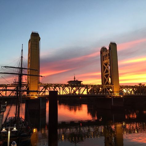 Tower Bridge across the Sacramento River #sacramento #bridge #sunset #sky Sacramento Bridge, Bridge Sunset, Sacramento River, Sacramento California, Sunset Sky, Tower Bridge, Golden Gate Bridge, Golden Gate, Empire State