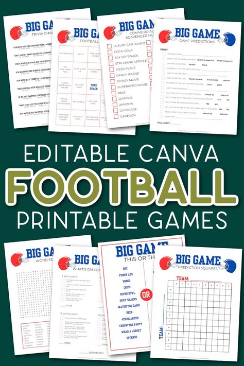 I like watching football games generally, but I love watching the NFL championship at the end of the year. Lots of yummy food, funny commercials, and maybe a friendly wager among friends! I have created a Canva template that includes eight different printable games including an editable football squares printable. You can customize these printable to match the teams in the Big Game and then print them to play on game day. Football Party Printables, Superbowl Ideas, Superbowl Squares, Football Squares, Square Printables, Watching Football, Nfl Championships, Funny Commercials, Kid Parties