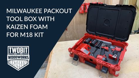 Organizing a Milwaukee Packout Tool Box with Kaizen Foam | DIY Shop Project – Shop Projects – Two Bit Woodworks Diy Milwaukee Packout Mods, Milwaukee Packout Mitre Saw Mod, Pack Out Milwaukee, Milwaukee Packout Ideas Van, Milwaukee Packout 3d Printed, Kaizen Foam, Woodworking Square, Drill Driver, Shop Organization