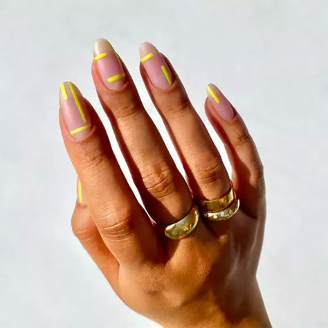 Bright Nail Designs, Line Nail Art, Yellow Nails Design, Yellow Nail, Nails Yellow, Nail Looks, Tie Dye Nails, Geometric Nail, Lines On Nails