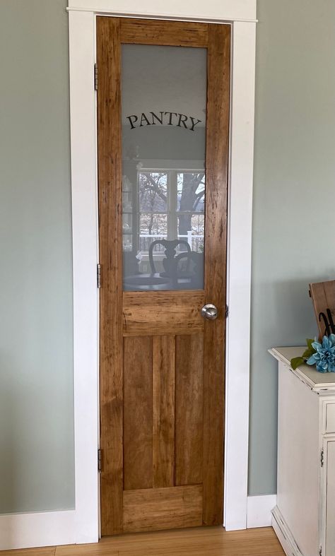 This is for a newly built custom pantry door. I can make any other sizes, colors and styles if you message me.  This is distressed by hand so no two are alike. Faux Glass Pantry Door, Pantry Door Frosted Window, Pantry Wood Door, Rustic Pantry Doors, Small Pantry Doors Ideas, Creative Pantry Doors, Front Door In Kitchen, Custom Pantry Door, Pantry Door With Window