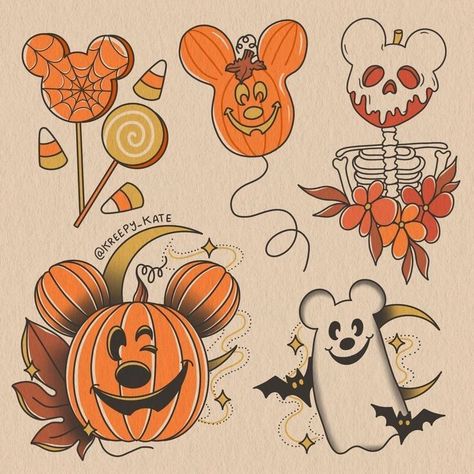 Disney Halloween Tattoos, Disney Tattoo Designs, Halloween At Disney, Pumpkin Tattoo, Flash Sheet, Disney Tattoo, Spooky Tattoos, Mickey Halloween, Japon Illustration