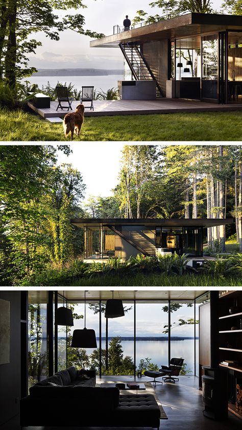 Case Inlet Retreat by MW Works in Lakebay, Washington Slope House, Glass Cabin, Riverside House, Retreat House, Casa Container, Beach House Design, Forest House, House Architecture Design, Types Of Houses