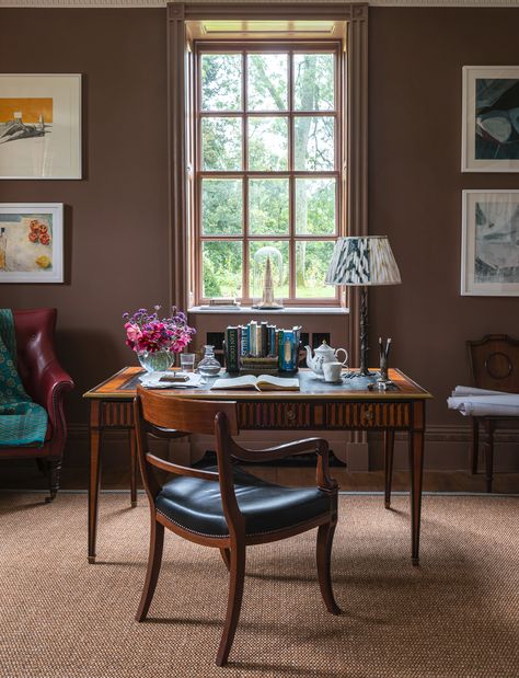 Carpet colors to avoid: steer clear of these 5 shades | Chocolate Brown Room, Good Living Room Colors, Grandpa Chic, Edward Bulmer, Brown Interiors, Brown Room, Country Study, Ivy Cottage, Natural Paint