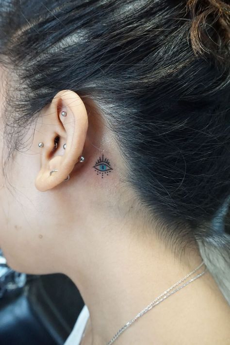 Eye Tattoo Behind Ear, Evil Eye Tattoo Behind Ear, Impulsive Tattoos, October Tattoo, Tatuaje Cover Up, All Seeing Eye Tattoo, Behind Ear Tattoos, Tattoo Behind Ear, Evil Eye Tattoo