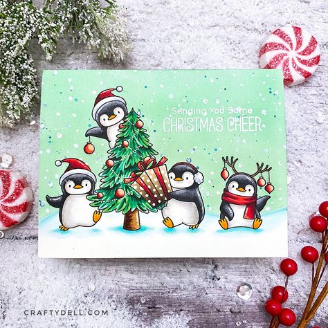 Penguin Cards, Christmas Cards Drawing, Cute Christmas Cards, My Favorite Things Cards, Ideas Navideñas, Penguin Christmas, Climb Trees, Mft Cards, Christmas Card Art