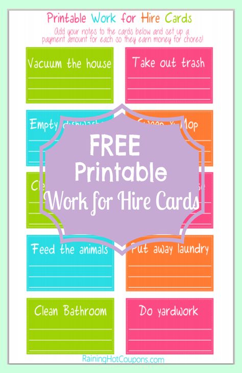 FREE Work for Hire Chore Cards for Kids Free Printable Chore Charts, Chore Cards, Work For Hire, Work Search, Kid Responsibility, Chore Charts, Printable Chore Chart, Free Printable Cards