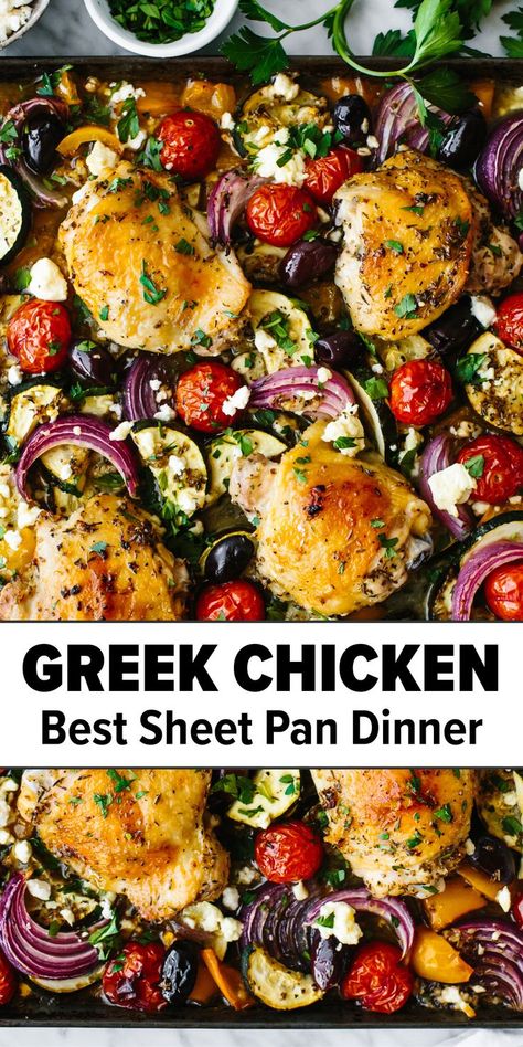 Greek Sheet Pan Chicken, Greek Sheet Pan, Mediterranean Recipes Healthy, Mediterranean Diet Recipes Dinners, Sheet Pan Dinners Recipes, Sheet Pan Chicken, Easy Mediterranean Diet Recipes, Mediterranean Meals, Dinners Recipes