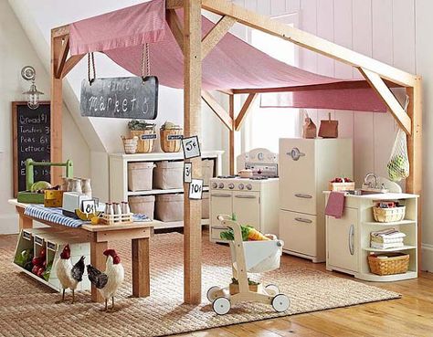 Pottery Barn and Friends are Arriving Down Under Kids Farmers Market, Mommo Design, Girls Playroom, Playroom Design, Ideas Minecraft, Toy Rooms, Play Kitchen, Play House, Basement Ideas