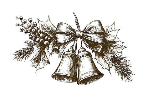 Vector bell with red bow bell on a pine ... | Premium Vector #Freepik #vector #school-bell #antique #retro-illustration #ribbon-background Christmas Flowers Drawing, Christmas Bells Drawing, Christmas Drawing Ideas, Xmas Bells, Bow Drawing, Elements Design, Sketch Style, Card Drawing, Ribbon Art