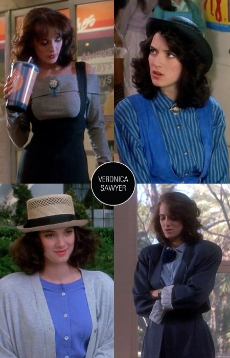 Each of the main characters in "Heathers" had their own clothing color scheme. Veronica (Winona Ryder) was blue to match her meloncholy from feeling ill at ease with the evil Heathers trio. Gah, loved all the clothes in this movie, one of my top faves! Veronica The Heathers, Veronica Sawyer Movie Outfits, 80s Outfits Movies, Heathers Movie Outfits, Heathers Outfits Movie, Heathers Veronica Outfit, Heathers Aesthetic Outfit, Veronica Sawyer Movie, Heathers Outfit Ideas