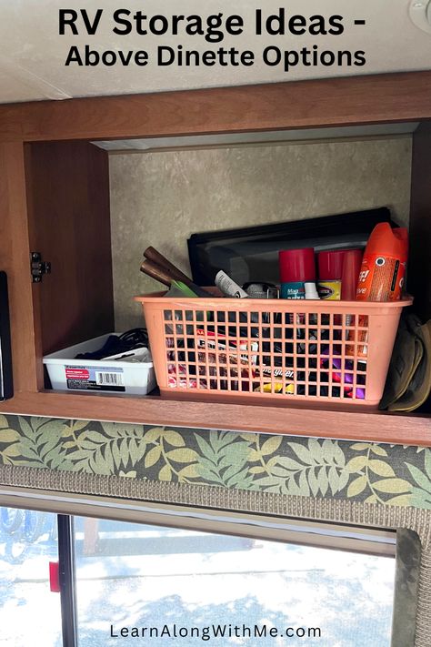 Want some RV storage ideas for the cabinets above your dinette table?   Plastic bins and baskets are a popular option.  We also look at other RV organization ideas using plastic bins, baskets, totes and caddys.    Will these ideas work for your RV?  Click to have a look. Over The Fridge Storage Ideas, Over The Fridge Storage, Rv Organization Ideas, Rv Kitchen Organization, Rv Storage Ideas, Over The Fridge, Rv Dinette, Dollar Store Bins, Small Space Storage Solutions