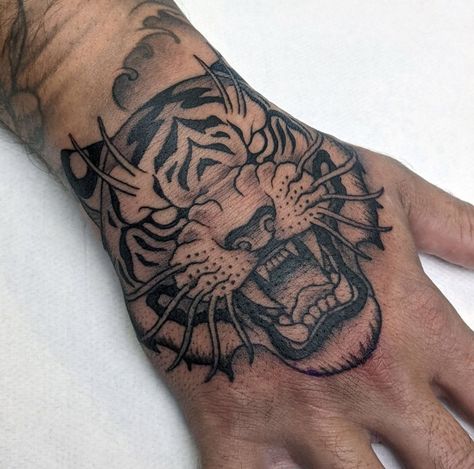 Animal Tattoo On Hand, Tiger Hand Tattoo Men, Tiger Tattoo Hand, Brass Knuckle Tattoo, Bro Tattoos, Tiger Hand Tattoo, Shen Long Tattoo, Tiger Head Tattoo, Cute Tattoo Ideas