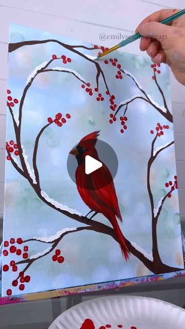 Emily Seilhamer on Instagram: "Winter cardinal painting idea 🎨❤️ #beginner #tutorial #easypainting #acrylicpainting" Winter Cardinal Painting, Cardinal Drawing, Cardinal Birds Art, Winter Scene Paintings, Cardinal Painting, Creative Arts Therapy, Winter Cardinal, Tole Painting Patterns, Painting Snow