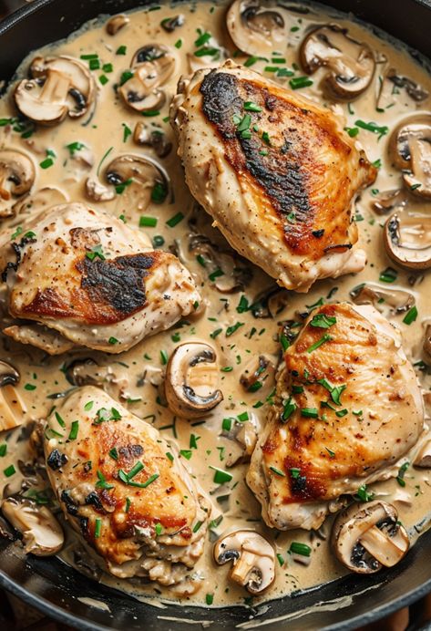 Mushroom Chicken Recipe

Ingredients

- 4 boneless, skinless chicken breasts
- 1 cup sliced mushrooms
- 1 cup chicken broth
- 1/2 cup heavy cream
- 2 tablespoons olive oil
- 2 cloves garlic, minced
- Salt and pepper to taste
- Chopped parsley for garnish

Instructions

- Heat olive oil in a large skillet over medium heat. Season chicken breasts with salt and pepper, then add to the skillet; cook until golden brown, about 6-7 minutes on each side.
- Remove chicken and set aside. In the same skillet, add garlic and mushrooms, sauté until mushrooms are tender. Pour in chicken broth and cream, bring to a simmer, then return chicken to skillet and cook for an additional 5-6 minutes. Chicken Mushroom Green Pepper Recipe, Chicken Cutlets With Mushrooms, Chicken Garlic Mushroom Recipes, Mushroom Soup And Chicken Recipes, Grilled Chicken Mushroom Recipes, Chicken Broth And Heavy Cream Recipes, Thyme Chicken Recipes, Chicken Thigh Recipes With Mushrooms, Chicken Thigh And Mushroom Recipes