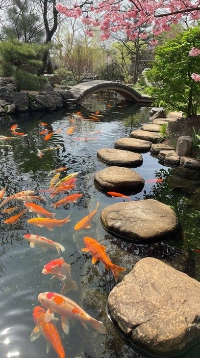 A tranquil pond lined with stepping stones features vibrant koi fish amidst a blossoming springtime garden. Small Garden Ponds Ideas, Coy Fish Pond, Koi Pond Aesthetic, Jardin Aesthetic, Small Koi Pond, Pond With Koi Fish, Japon Aesthetic, Koi Fish In A Pond, Calming Places