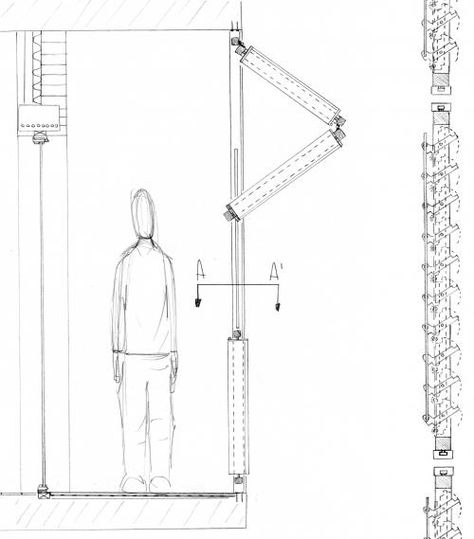 Vertical folding-sliding louvered shutters in Igualada [235] | filt3rs Foldup Window, Rehabilitation Center Architecture, Nyc Projects, Kinetic Architecture, Wall Section Detail, Foldable Wall, Sliding Shutters, Louvered Shutters, Shutter Designs