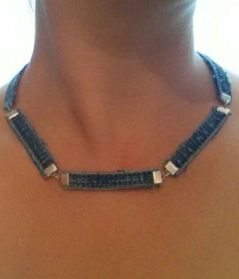 Denim Accessories Jewelry, Denim Necklace, Denim Choker, Denim Bracelet, Denim Earrings, Denim Crafts Diy, Jeans Accessories, Blue Jeans Crafts, Diy Jewelry Projects