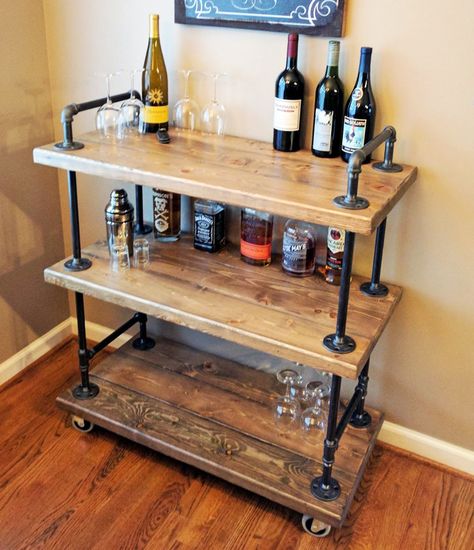 Antique Oak Bar Cart | General Finishes Design Center Diy Wood Bar Cart, How To Build A Bar Cart, Bar Cart Diy Wooden, Bar Cart Industrial, Bar Carts Styling, Home Bar Ideas Diy, Pipe Bar Cart, Bar Ideas Diy, Rustic Bar Cart