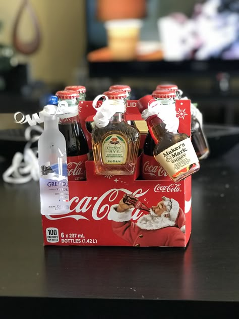 Christmas coke with mini liquor    bottles. Christmas Games For Adults, Best Gift Baskets, Fun Christmas Games, Diy Gift Baskets, Alcohol Gifts, Basket Gift, Christmas Baskets, Navidad Diy, Christmas Gift Basket