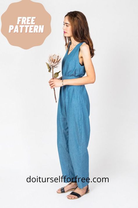 Linen Jumpsuit Pattern, Jumpsuit Pattern Sewing Free, Diy Jumpsuit Pattern, Jumpsuit Pattern Free, Jumpsuit Diy, Free Sewing Patterns For Women, Girls Sewing Projects, Vintage Sewing Patterns Free, Sewing Patterns Free Women