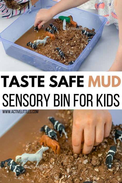 Wild Animal Sensory Bin, Sensory Activities Send, Rodeo Sensory Bin, Play Mud Recipe, Elephant Sensory Bin, Spring Tuff Tray Ideas For Babies, Sensory Food Activities, Horse Sensory Bin, Farmer Activities For Toddlers