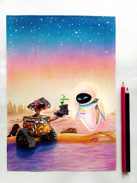 Wall E And Eve Drawing, Wall-e Drawings, Wall-e Painting, Walle Drawings, Wall E Drawing, Wall E Art, Pencil Colour Drawing, Walle Y Eva, Pop Culture Tattoos