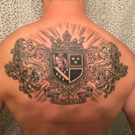 Family Crest Tattoo Ideas, Royal Tattoo Men, Crest Tattoo Men, Tattoo Back Women, Coat Of Arms Tattoo, Family Crest Tattoo, Mother Mary Tattoos, Symbol For Family Tattoo, Back Tattoo Ideas