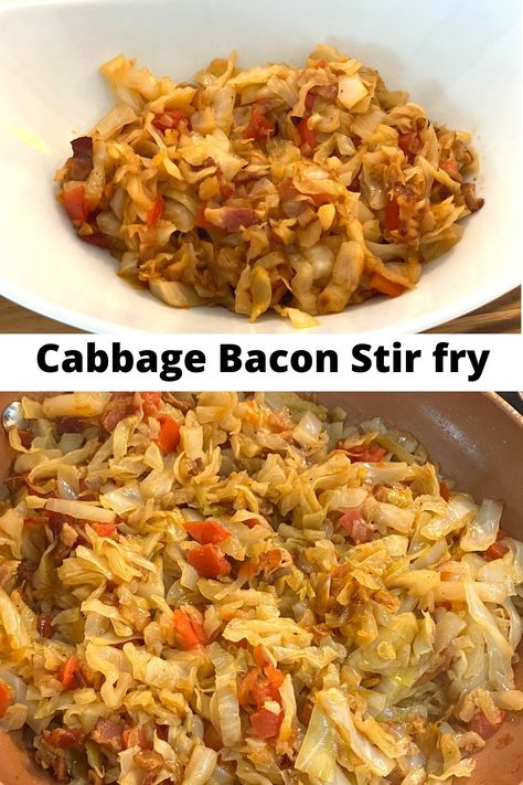 Fried cabbage with bacon and tomatoes it is a great side dish that goes well with any type of food: you can add it to chicken, beef or pork dishes. Or you can eat it alone. This fried cabbage recipe is low in calories and full of nutrients.  Ingredients - 2 slices of bacon - 350 g of cabbage - 150 g sweet onion - 2 cloves of garlic - 1 Roma tomato Bacon Thanksgiving Recipes, Belle Of The Kitchen, Fried Cabbage With Bacon, Thanksgiving Recipes Side Dishes Veggies, Cabbage With Bacon, Fried Cabbage Recipes, Bacon Fried Cabbage, Veggie Meal, Sauteed Cabbage