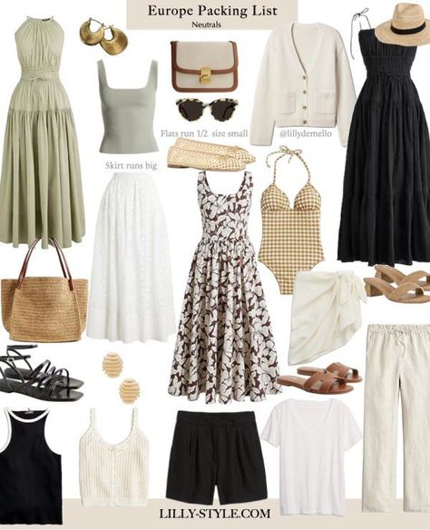 Italy Vacation Packing List, Mediterranean Honeymoon Outfits, Outfits For Uk Trip Summer, Travelling Europe Outfits, Tropical Holiday Capsule Wardrobe, Mediterranean Trip Outfits, Rome Vacation Outfits Summer, Travel Capsule Summer Europe, One Week Vacation Outfits