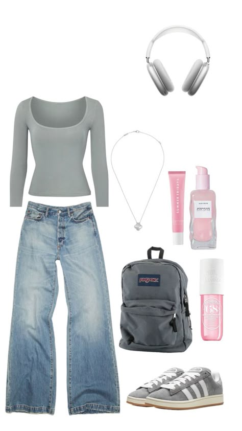 tiktok: hun44d basic but cute outfit for school , light wash baggy jeans cotton on gray top gray adidas campus gray jansport backpack silver vancleef necklace #outfitinspo #schooloutfit #fitinspo Vancleef Necklace, Light Wash Baggy Jeans, Outfit Campus, Looks Adidas, Gray Adidas, Adidas Outfit Shoes, Baggy Jeans Outfit, Campus Outfit, Outfit For School