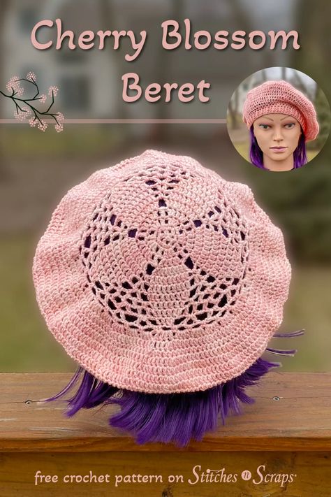 Welcome spring with pretty pink petals in the Cherry Blossom Beret! Delicate, floral lace and the classic beret shape combine for a timeless look. This lovely pattern includes 4 sizes from toddler to adult. #Beret #CherryBlossom #SockYarn #GBICraft #GlobalBackyard #CrochetPattern #StitchesnScraps Crochet Beret Free Pattern, Beret Crochet Pattern, Beret Crochet, Crochet Beret Pattern, Beret Pattern, Crochet Penguin, Bonnet Pattern, Back Post Double Crochet, Crochet Beret