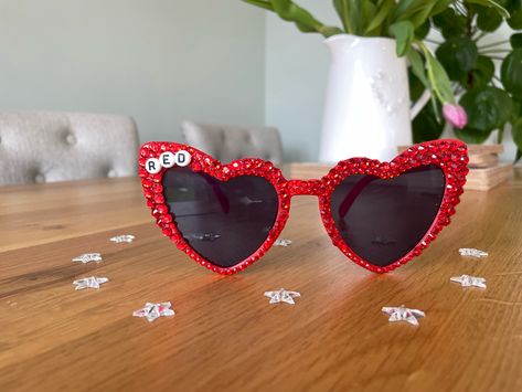 Taylor Swift Diy Sunglasses, Eras Tour Glasses, Swiftie Party, Diy Sunglasses, Taylor Swift Costume, Beaded Sunglasses, Red Era, York England, Red Sunglasses