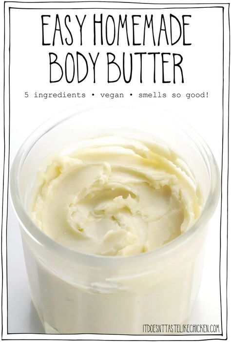 Make your own Easy Homemade Body Butter! This DIY body butter recipe is just 5 ingredients to make and it's incredibly thick and moisturizing. Pamper yourself and your skin with this natural luxurious treat that will leave you feeling soft, nourished, and revitalized. Your skin will thank you! This recipe also makes a wonderful homemade gift! #itdoesnttastelikechicken #DIY #skincare 3 Ingredient Body Butter, Body Butter Without Coconut Oil, Non Greasy Body Butter Recipe, Pamper Ideas, Honey Body Butter, Body Butter Recipe Homemade, Diy Body Butter Recipes, Body Butter Recipe, Homemade Body Butter