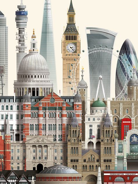 London Buildings Illustration, London Skyline Aesthetic, London Graphic Design, London Landscape, London Collage, London Landmarks Illustration, London Artwork, London Illustration, Architecture Blueprints