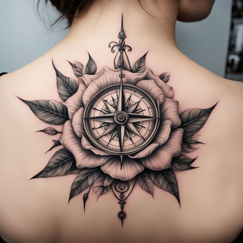 "Timeless Navigation: Ornate Compass & Roses" This vertical tattoo blends an ornate compass with detailed roses and intertwining leaves, embodying the perfect harmony of elegance and direction. Hashtags: #TimelessTattoo #CompassAndRoses #DetailedInk #SymmetricalDesign #TattooInspiration #TattooDesign #tattoos #tattooart #tattooing #tattooideas #tattoodesign #tattooartist #tattooart #tattooinspiration Compass Tattoo Cover Up, Compass Back Tattoo For Women, Compass Rose Tattoo Feminine, Back Cover Up Tattoos, Back Cover Up Tattoos For Women Upper, Compass Rose With Flowers Tattoo, Cracked Compass Tattoo, Vertical Tattoo, Cover Up Tattoos For Women