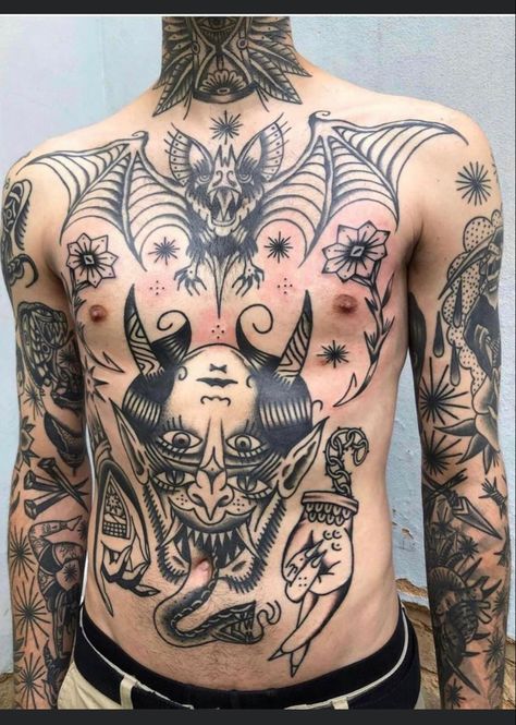 Americana Tattoo Black And White, Aesthetic American Traditional Tattoos, Tradition Chest Tattoo, Belly Tattoo Traditional, American Traditional Tattoo Aesthetic, American Traditional Belly Tattoo, American Trad Chest Tattoo, American Traditional Chest Tattoo Men, American Tradition Chest Tattoo