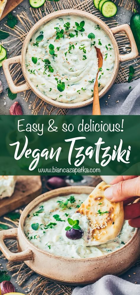 Vegan Tzatziki Sauce Recipe Falafel Sauce Recipe, Vegan Tzatziki Sauce, Vegan Greek Recipes, Vegan Dip Recipes, Tzatziki Recipe, Dip Vegan, Tzatziki Sauce Recipe, Vegan Dips, Low Calorie Vegetables