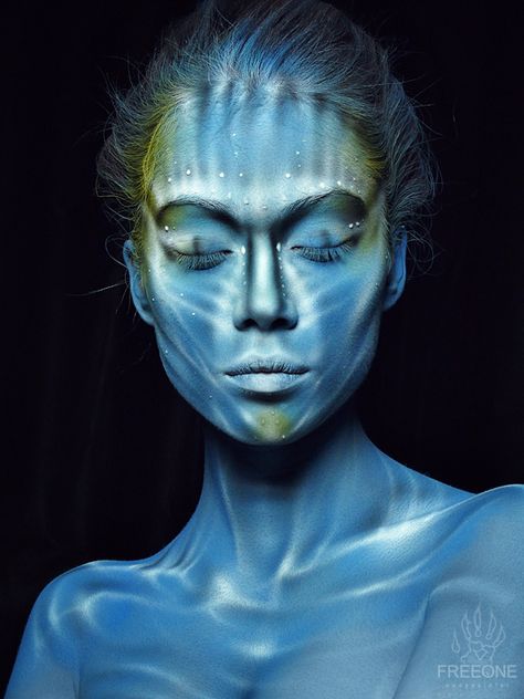 Photo, face art: freeone. Model: Elvina Fantasy Make-up, Star Face, Drag Make-up, Face Artwork, Water Reflection, Waiting Patiently, Blue Face, Makijaż Smokey Eye, Fx Makeup