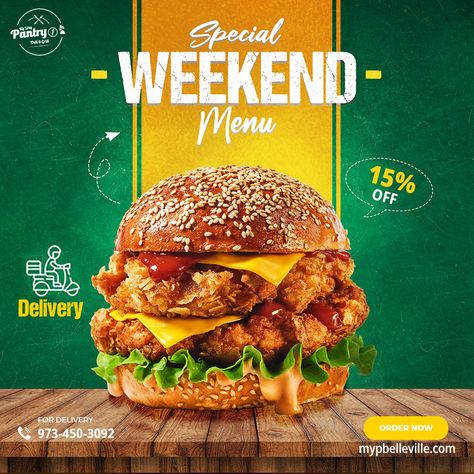 Sunday Special. Order Now to get discount:- https://mypbelleville.com/menu/ #grilledfood #grilledfoodisthebestfood #grilled #foodie #food #bbqfood #bbqsauce #grilledmeat #bakedfish #cheese #burger #ham #hamburg #cheesetart #cheesecakes #hamburgermarys #cheesesandwich #burgerhouse #NJ Burger Instagram, Instagram Post Design, Food Burger, Food Promotion, Breakfast Burger, Flyers Design, Social Media Branding Design, Food Template, Food Banner