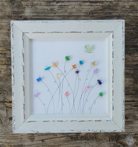 flowers sea glass art, mini framed flowers, home decor, new home gift, housewarming, flowers sea glass, flowers walla rt Sea Glass Art Beach, Ocean Glass Art, Tiny Pebble Art, Easy Sea Glass Art, Glass Stone Art, Pebble Art Flowers, Sea Glass Dragonfly, Beach Glass Pictures, Sea Glass Projects