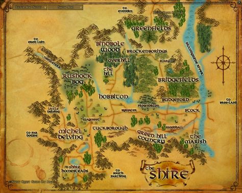 Shire - Lord of the Rings Wiki Lotro Game, Lord Of The Rings Online, Ring Wraiths, Tolkien Artwork, Hobbit Holes, Hobbit Party, Middle Earth Map, J.r.r. Tolkien, Alan Lee