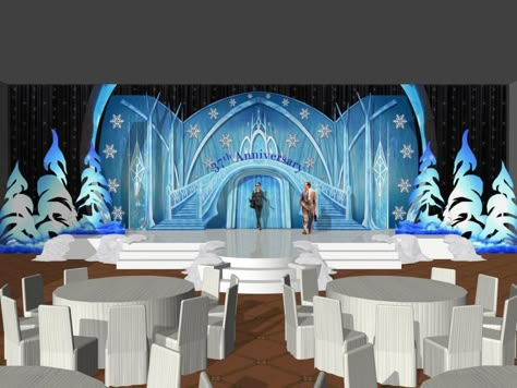 Stage Design - Birthday Stage - Frozen Theme | 2017 Frozen Themed Wedding Decor, Frozen Stage Decorations, Frozen Stage Design, Frozen Jr Musical Set Design, Frozen Set Design, Frozen Jr Set Design, Frozen Jr Set, Frozen Backdrop, Frozen Decor