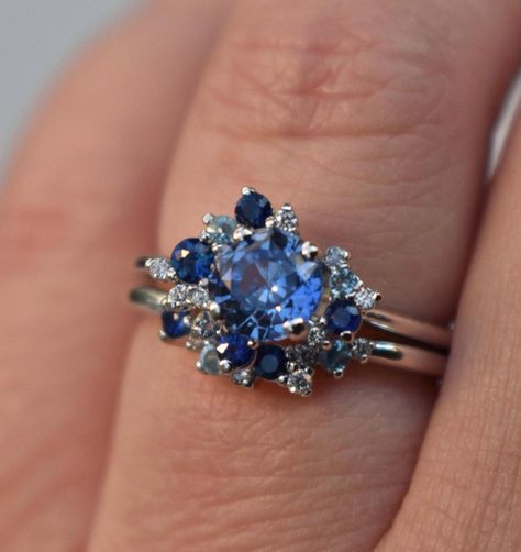 Engagement Ring Blue Sapphire, Sapphire Cluster Ring, September Birthstone Ring, Cluster Ring Set, Engagement Ring Blue, Blue Sapphire Diamond Ring, Sapphire Engagement Ring Set, Edwardian Engagement Ring, Montana Sapphire Ring