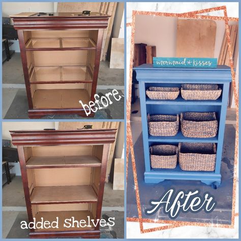 Dresser Makeover With Baskets, Old Dresser Makeover Diy Ideas, Dresser No Drawers Repurposed, Diy Dresser Makeover Repurposed, Console With Baskets, Remade Furniture, Diy Chest Of Drawers, Broken Dresser, Diy Chest