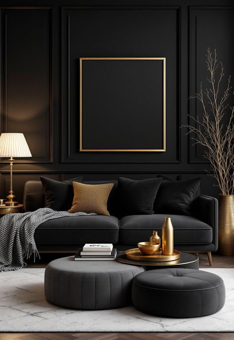 Dark Grey Couch Living Room Ideas Dark Gray And Gold Living Room, Living Room Decor With Black Sofa, Charcoal Living Room Ideas, Black Grey Gold Living Room, Dark Lounge Room, Dark Lounge Room Ideas, Charcoal Grey Couch Living Room Decor, Dark Gray Living Room Ideas, Modern Grey Sofa Living Room