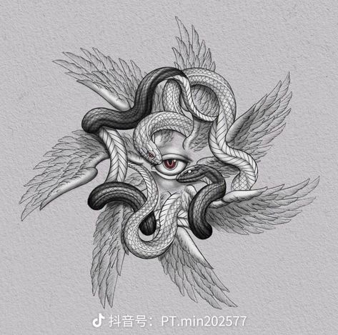 Angel And Snake Tattoo, Snake Angel Tattoo, Snake Wings Tattoo, Snake With Wings Tattoo, Kagune Tattoo, Occult Art Vintage, Dragon Wing Tattoo, Seraphim Tattoo Design, Snake Sleeve Tattoo