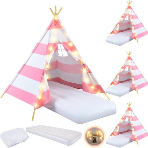 PRICES MAY VARY. Kids Teepee Tent Package for Sleepovers: this set includes 4 beautifully designed kids teepee, 4 shimmering 9.84 ft starlight strings, 4 cozy air beds sized 61.8 x 25.9 x 7.09 inches, and 4 properly fitting sheets; Together, these elements create an unforgettable, magical experience for your little ones and their friends Sturdy and Safe Materials: crafted from quality cotton fabric, ensuring sturdiness and ease of cleaning through machine wash without shrinkage; The sturdy pine Adult Sleepover Party Decorations, Preppy Bday, Toddler Play Tent, Slumber Party Decorations, Sleepover Tents, Childrens Teepee, Tent For Kids, Fairy Garden Birthday Party, Kids Teepee